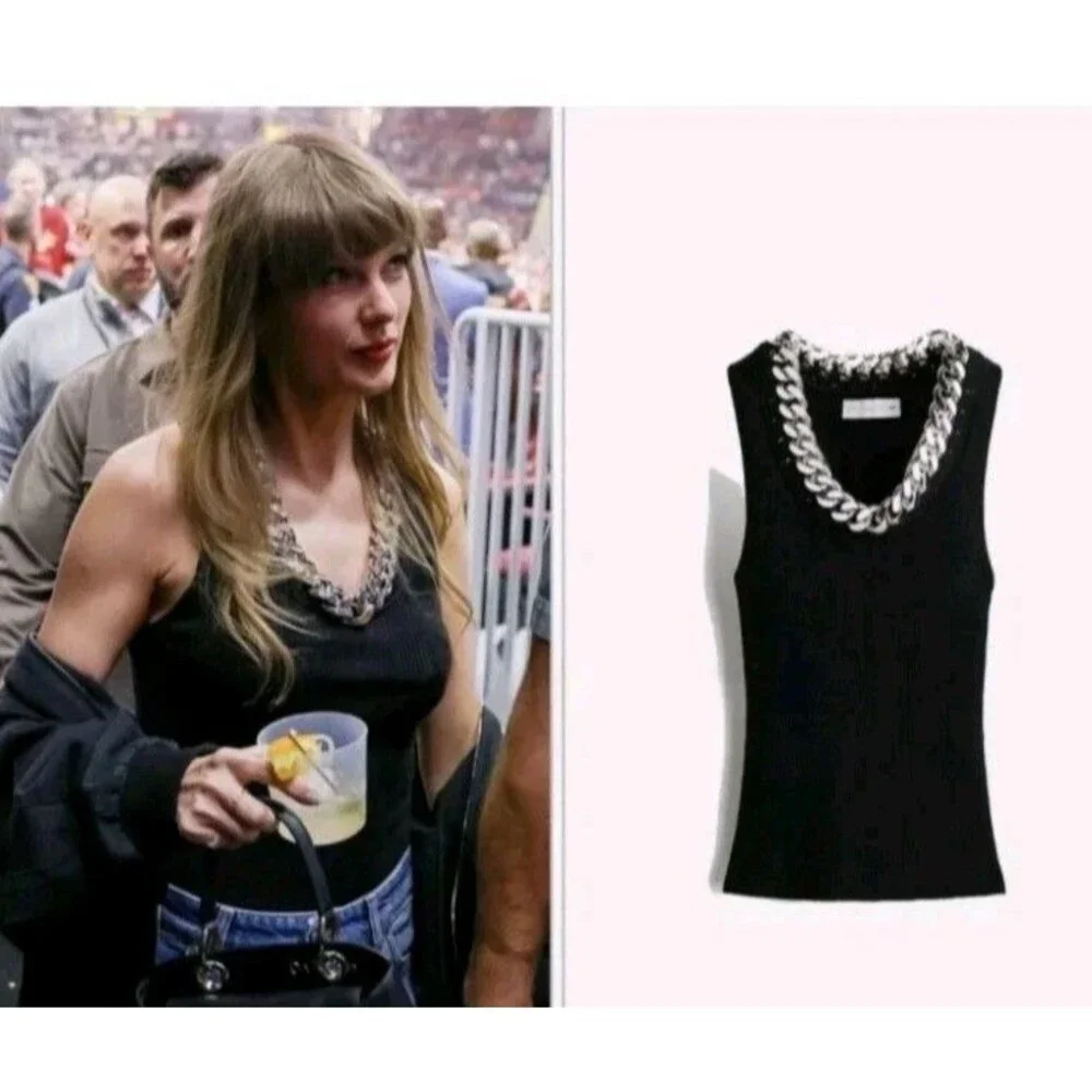 Carmen Marc Valvo Black Chain Tank Top Medium Taylor Swift Inspired Chic Mod - Picture 2 of 8